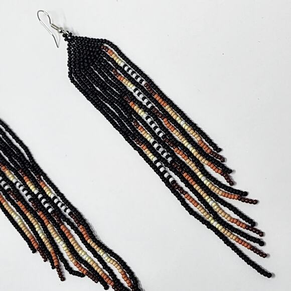 Cascading Darkness Black Boho Beaded Fringe Earrings - Picture 2 of 6